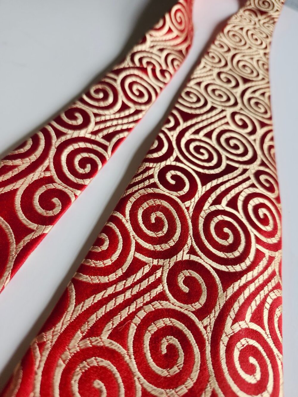 Bright Red & Gold 100% Silk Hand Made Spiral Swirl Print Tie